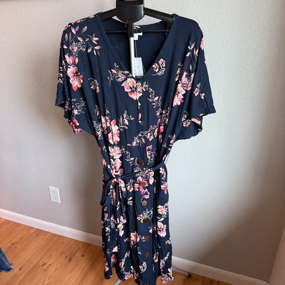 New w/ Tags J. Jill Navy Blue Floral Button Up Tie Belt Midi Dress W/ Pockets XL - Picture 2 of 7